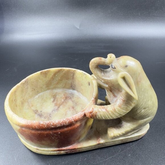 Vintage Chinese Soapstone Stone Carved Elephant Dish Tray Votive Holder Decor - Picture 10 of 13